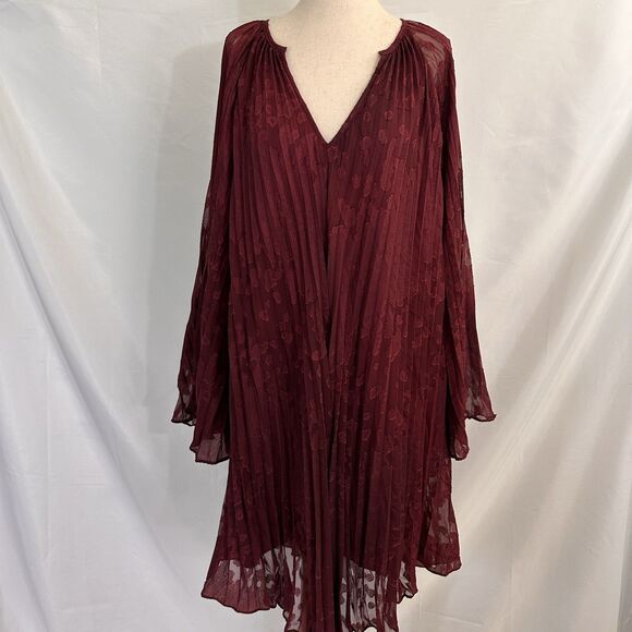Anthropologie Toulon Pleated Swing Mini Dress Size XL Burgundy - Picture 3 of 10